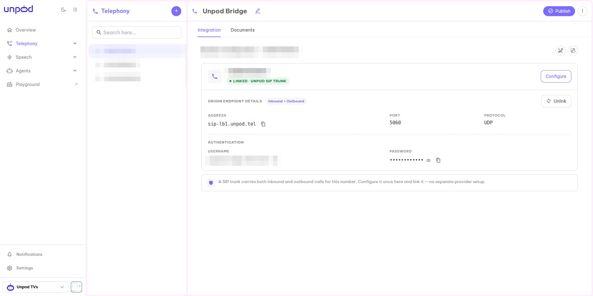 Unpod - linked trunk origin endpoint credentials