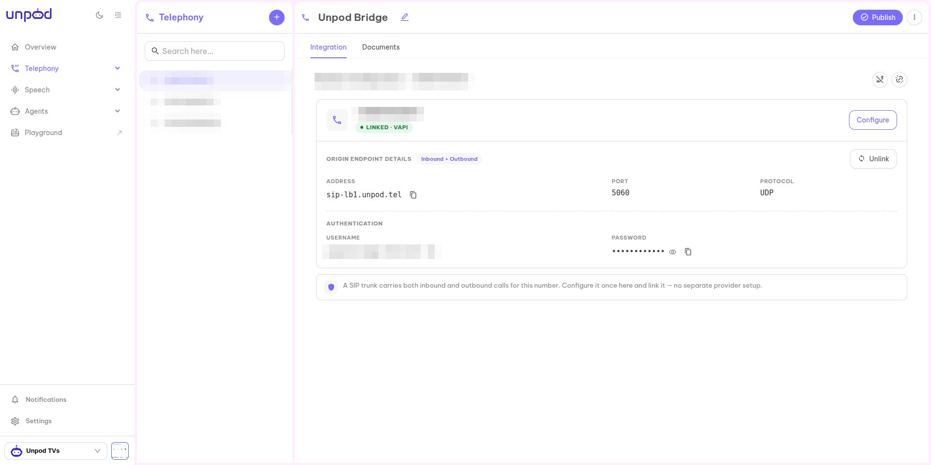 Unpod - linked trunk origin endpoint credentials