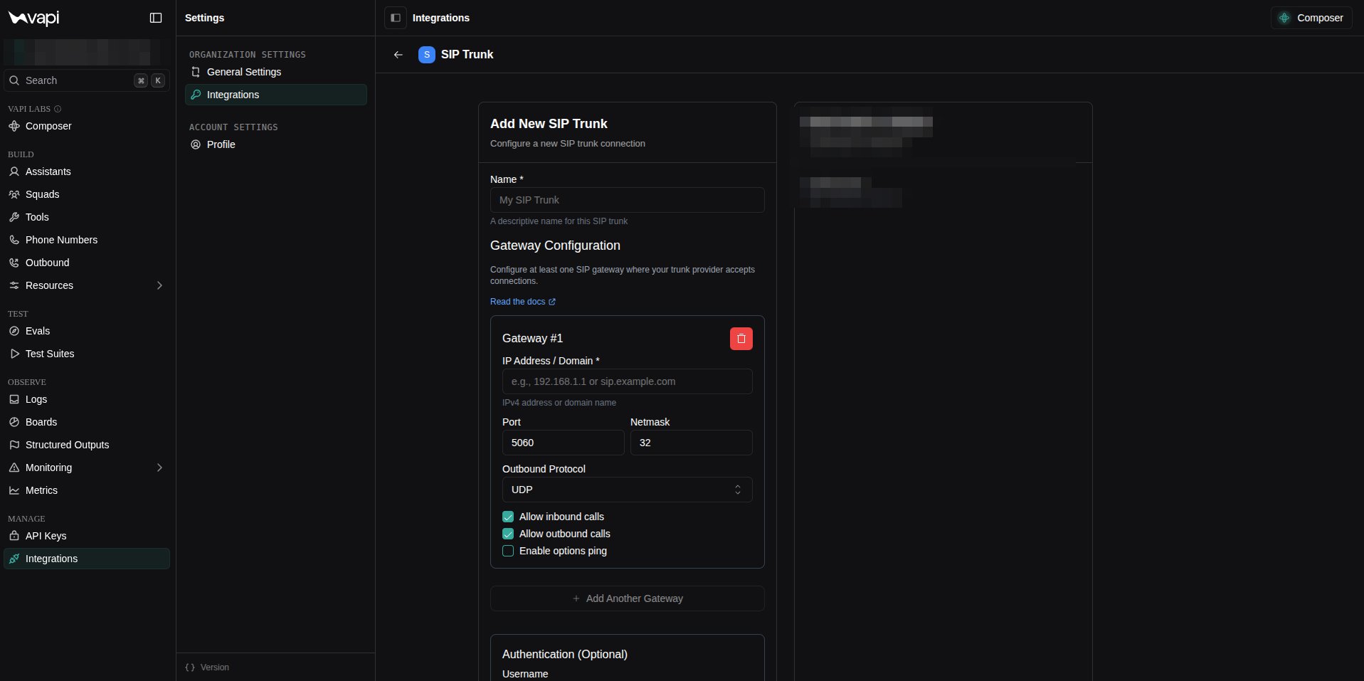 Vapi - add SIP trunk gateway + auth