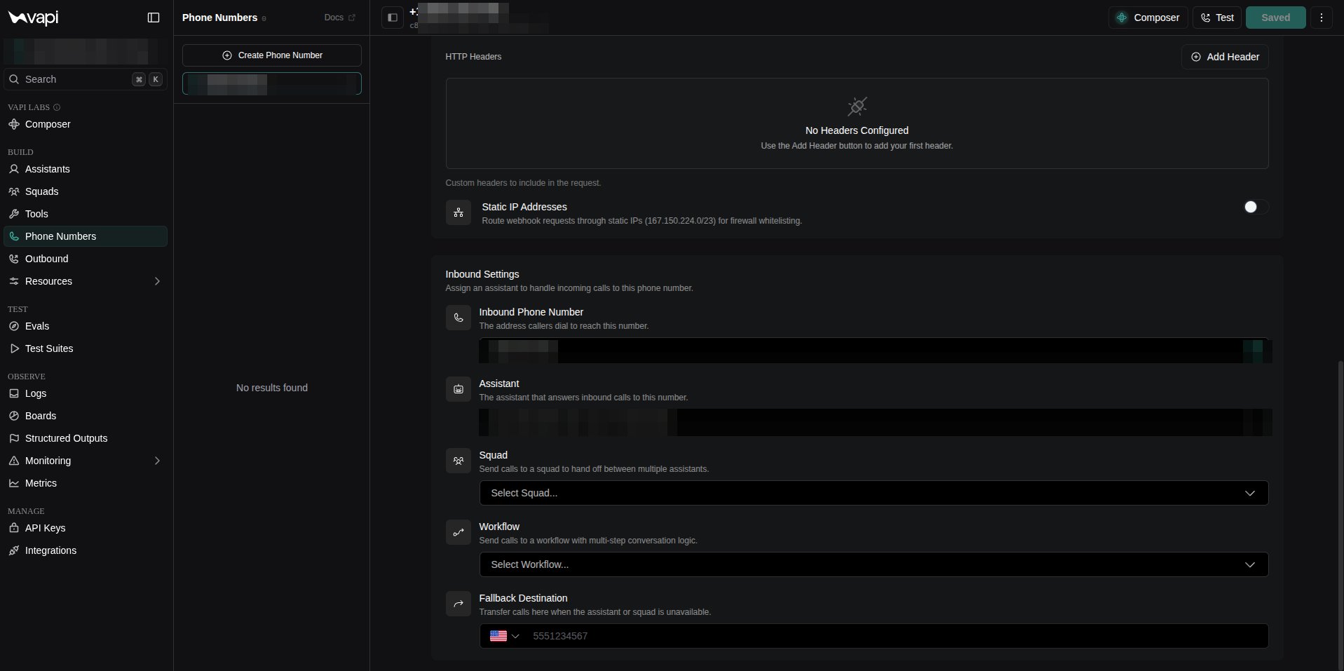 Vapi - inbound settings, assistant