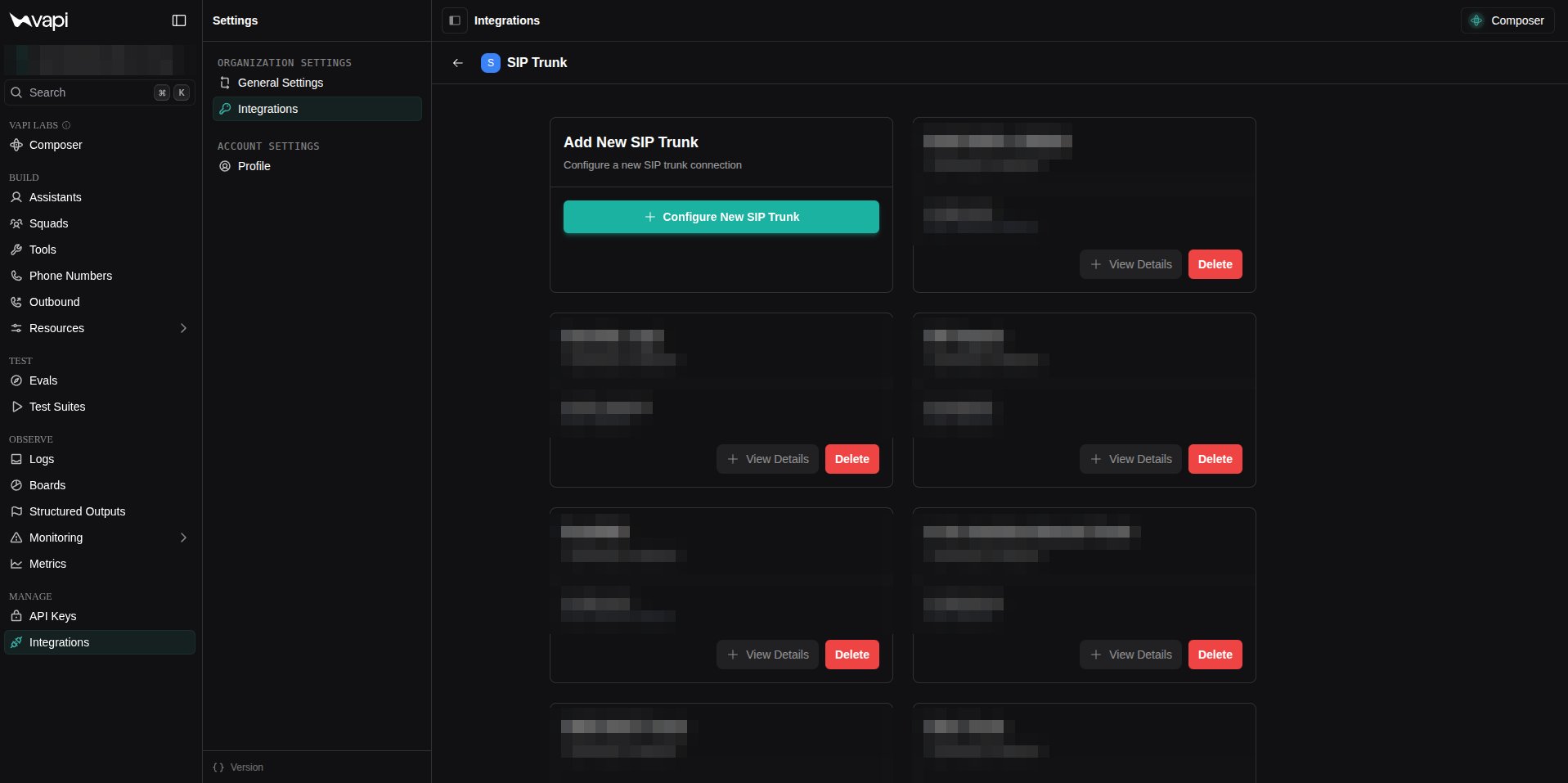 Vapi - SIP trunk list, configure new