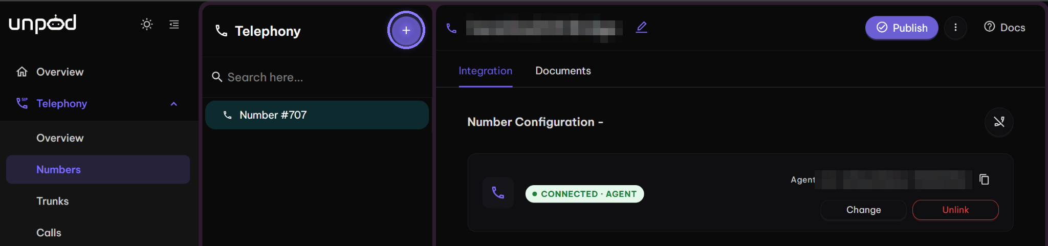 Unpod Telephony page with the + button highlighted