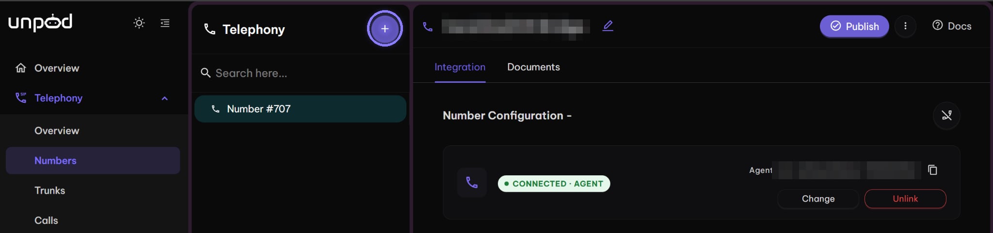 Unpod Telephony page with the + button highlighted