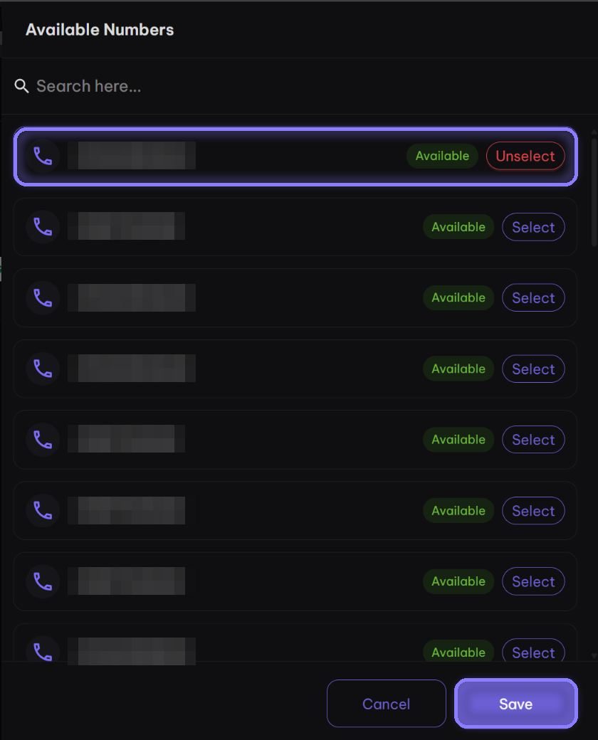 Available Numbers panel with one number selected and the Save button highlighted