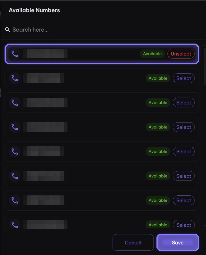 Available Numbers panel with one number selected and the Save button highlighted