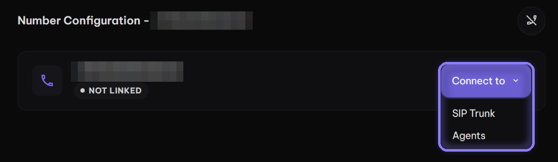 Number Configuration showing Not Linked and the Connect to menu with SIP Trunk and Agents