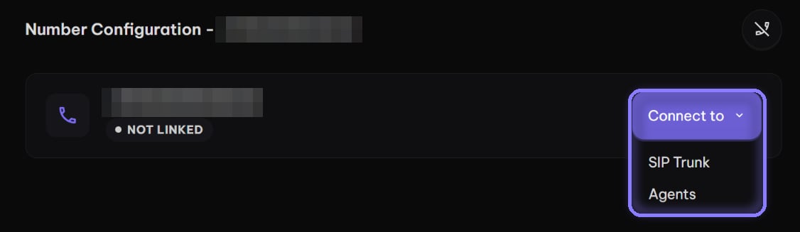 Number Configuration showing Not Linked and the Connect to menu with SIP Trunk and Agents