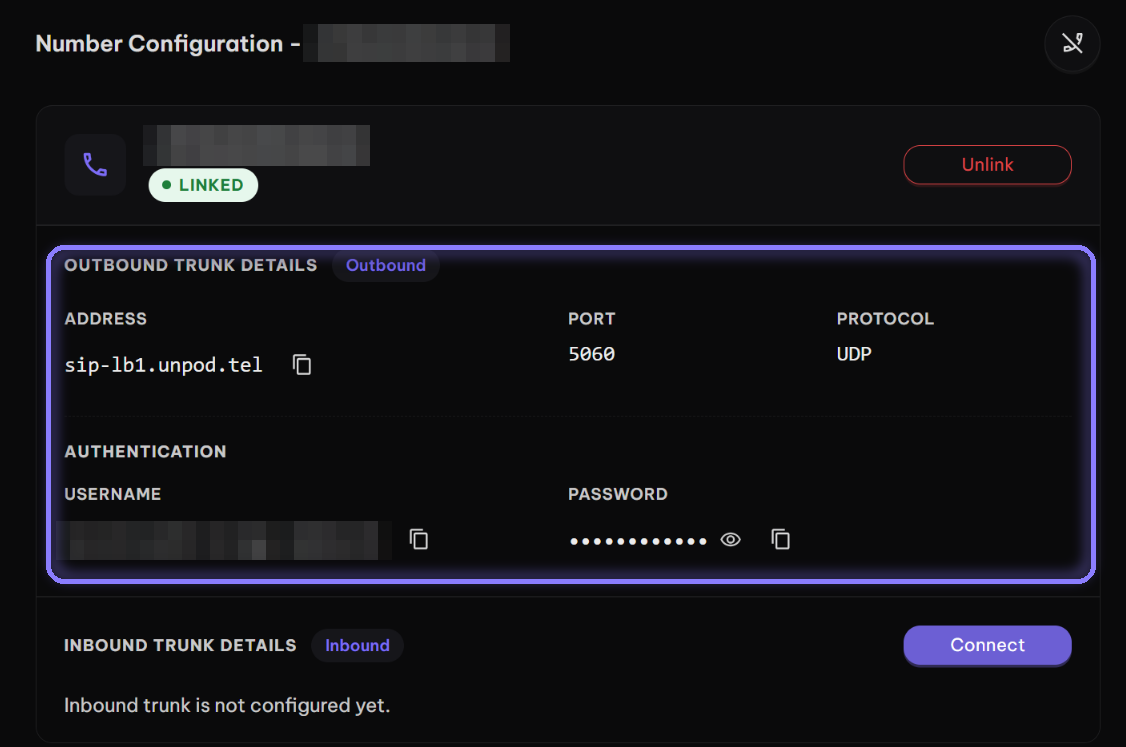 Linked number showing Outbound Trunk Details: address, port, protocol, username and password
