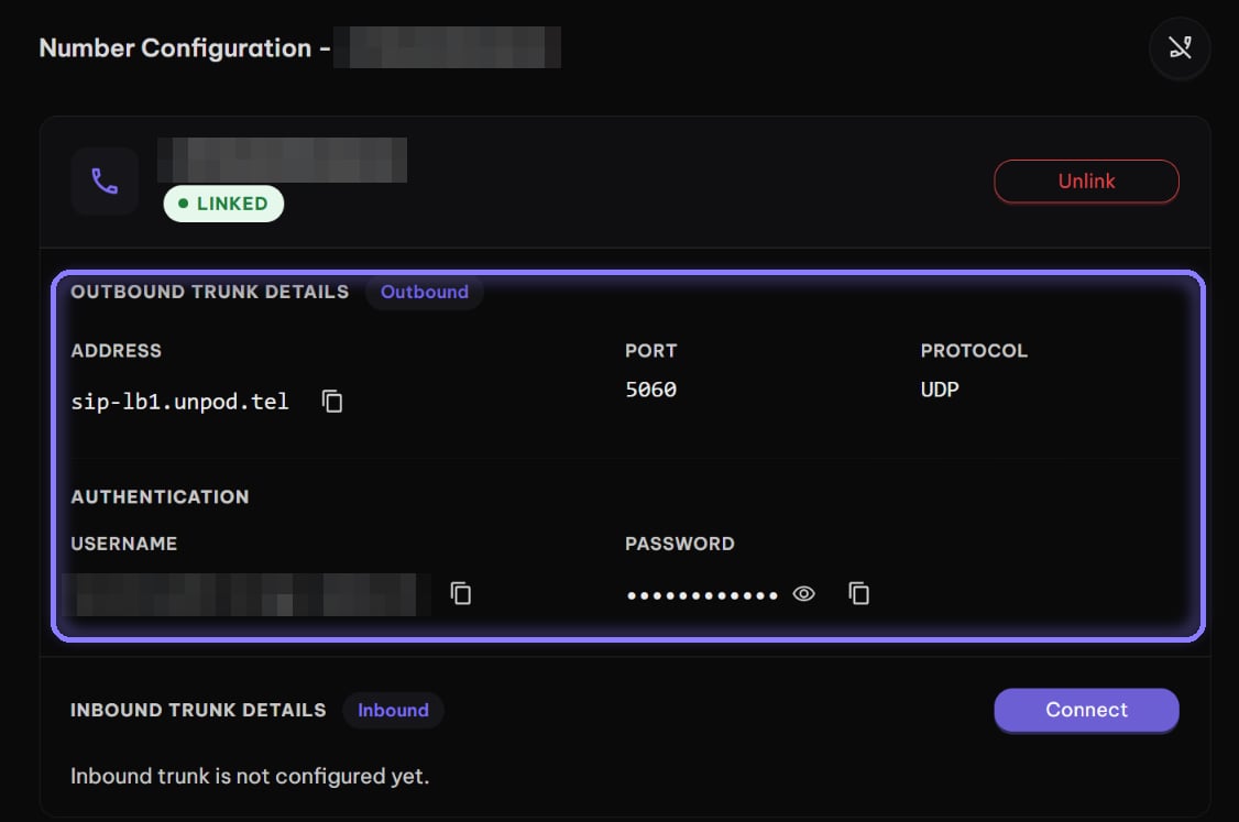Linked number showing Outbound Trunk Details: address, port, protocol, username and password