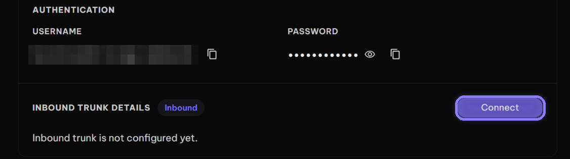 Inbound Trunk Details section with the Connect button highlighted
