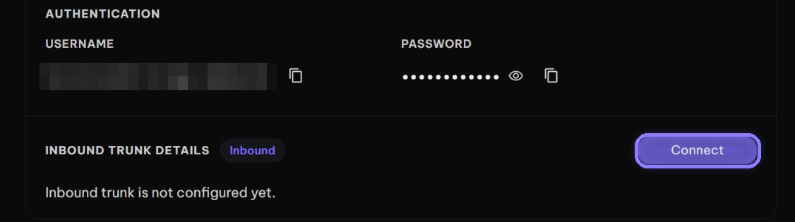Inbound Trunk Details section with the Connect button highlighted