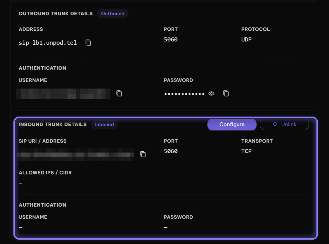 Number showing Outbound Trunk Details and configured Inbound Trunk Details with SIP URI, port and transport