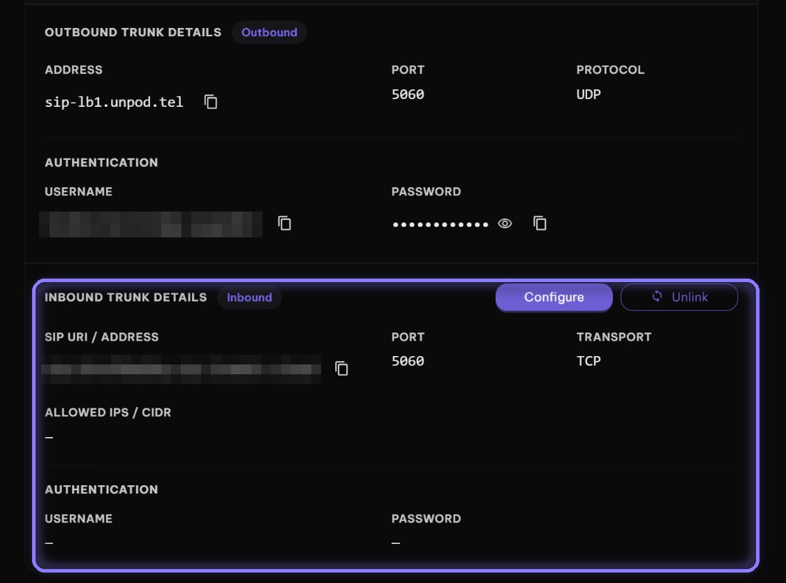 Number showing Outbound Trunk Details and configured Inbound Trunk Details with SIP URI, port and transport