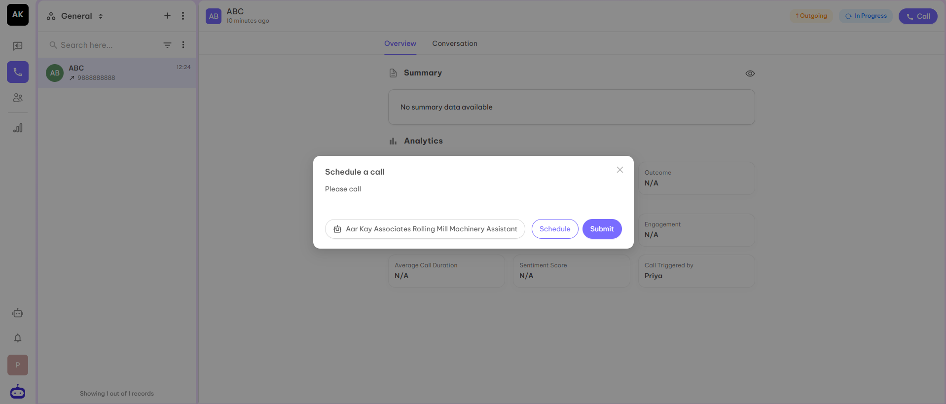 Call Selection Screenshot