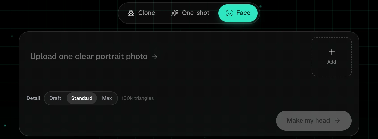 Face mode: the portrait slot, the Detail control and the Make my head button