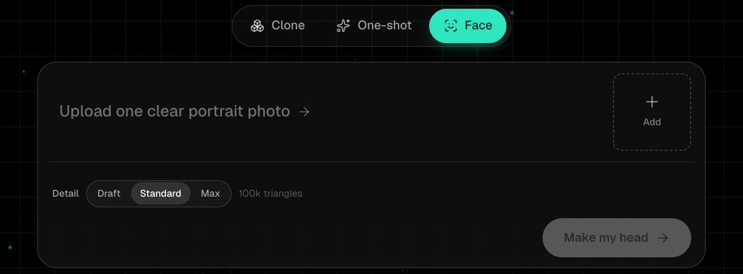 Face mode: the portrait slot, the Detail control and the Make my head button