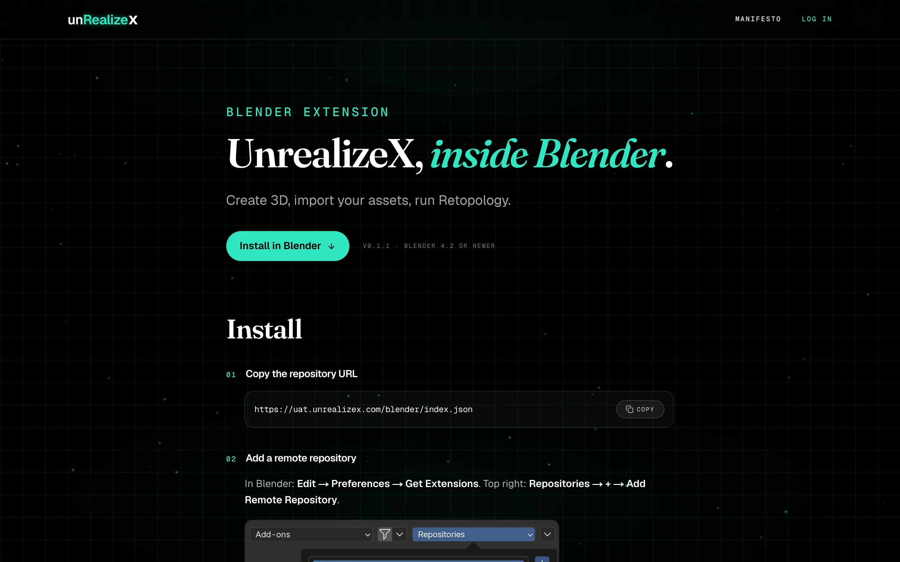 The UnrealizeX for Blender page