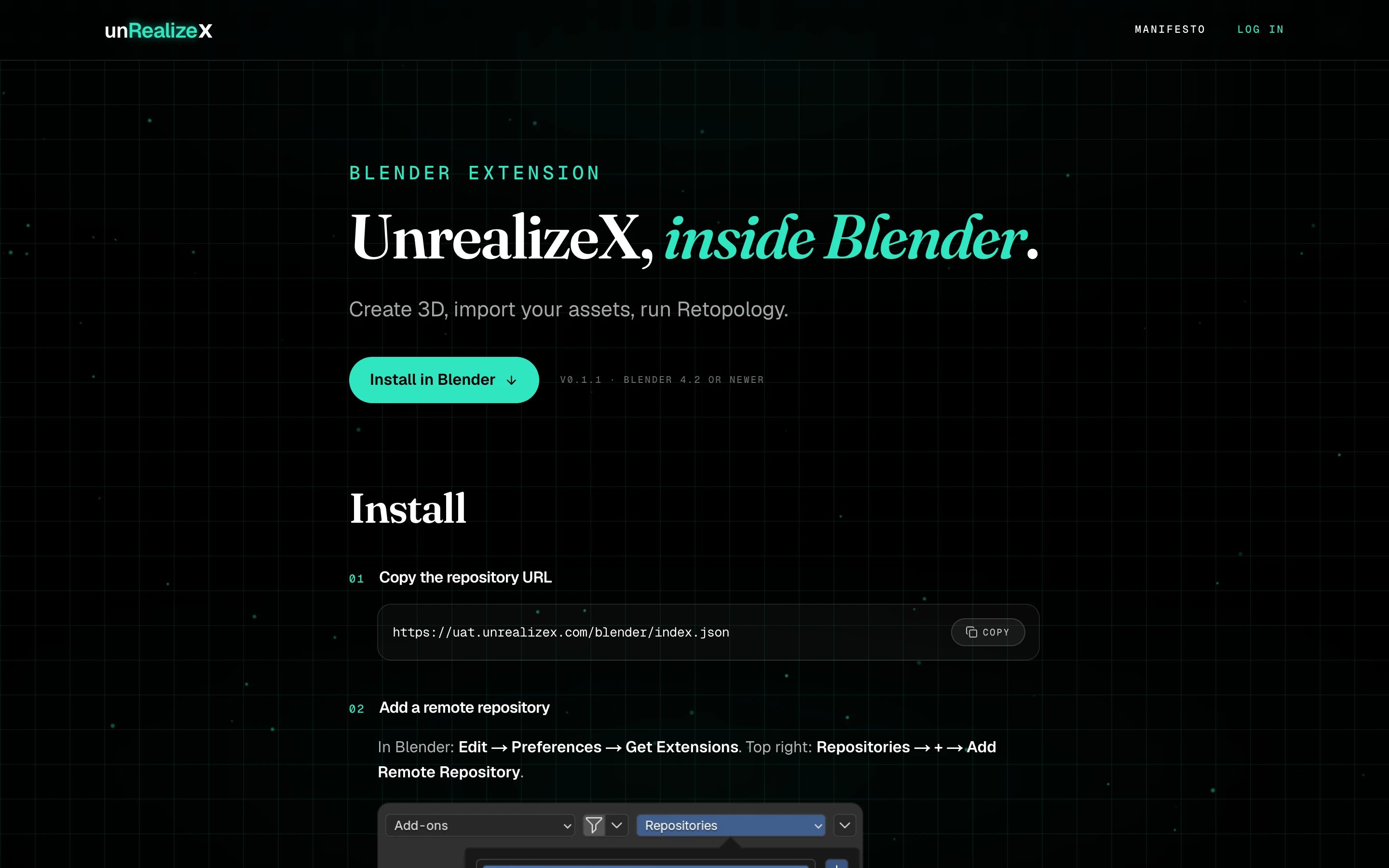 The UnrealizeX for Blender page