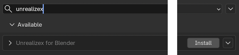 Get Extensions showing Unrealizex for Blender with an Install button