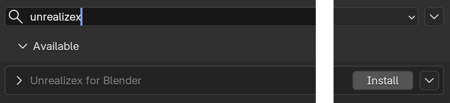 Get Extensions showing Unrealizex for Blender with an Install button