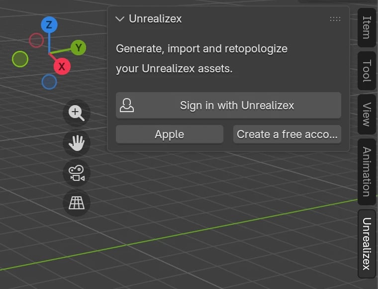 The Unrealizex tab in Blender's sidebar