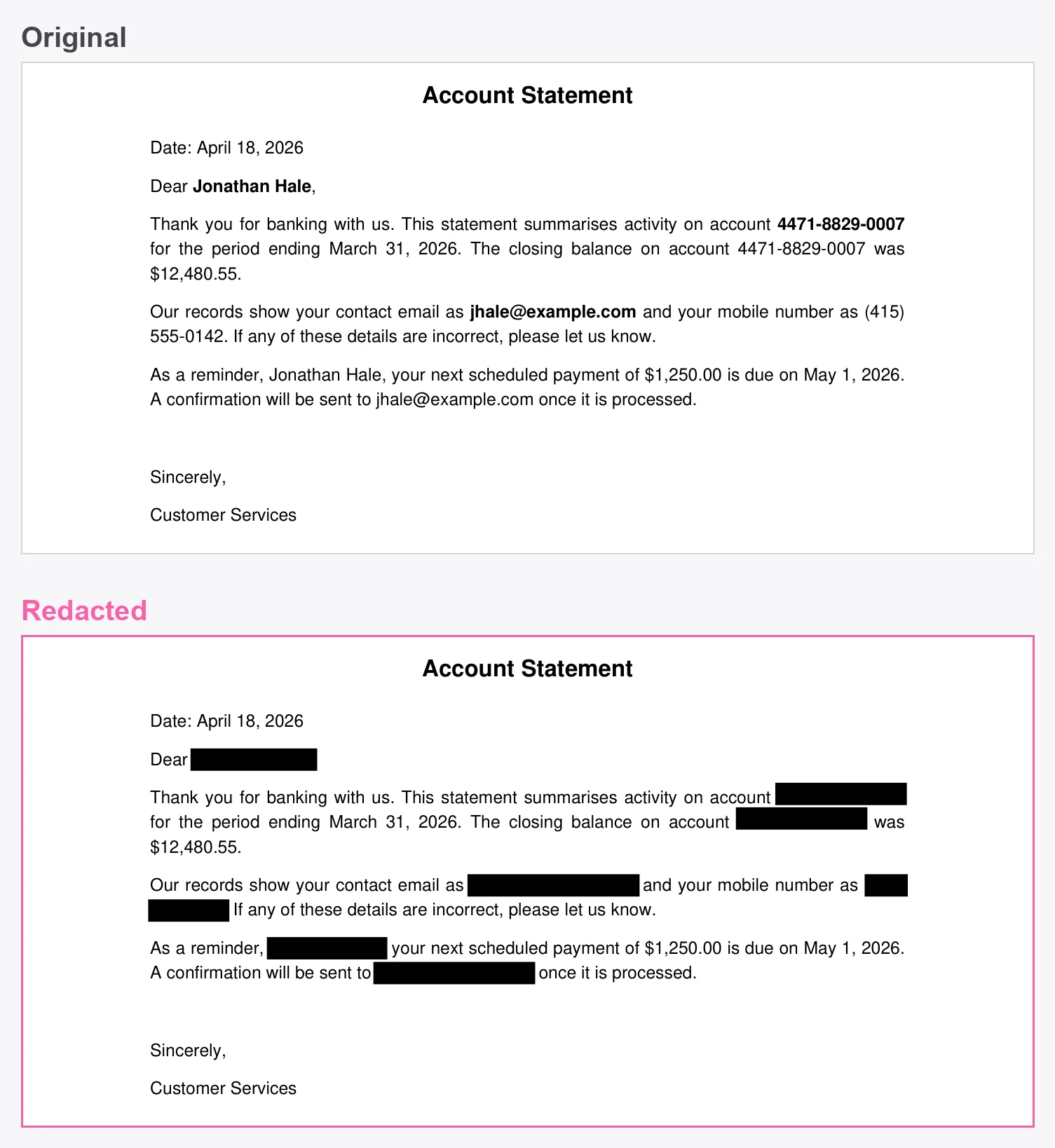 An account statement before and after redaction, with the name, account number, email, and phone number blacked out