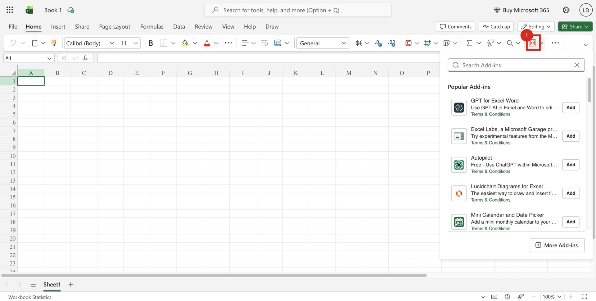 A blank Excel workbook with a red callout around the Add-ins button on the Home ribbon