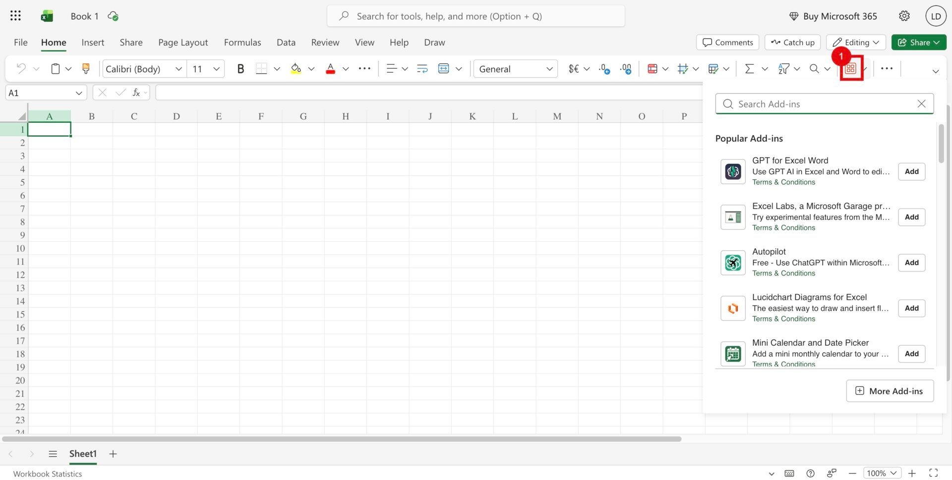 A blank Excel workbook with a red callout around the Add-ins button on the Home ribbon