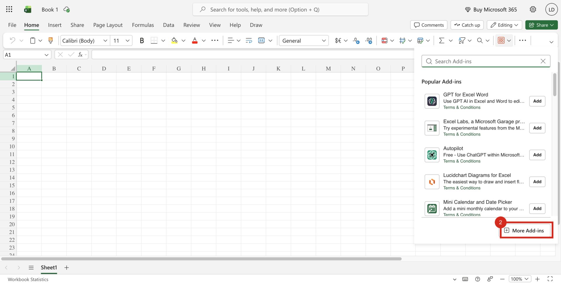 A blank Excel workbook with the Add-ins panel open and a red callout around More Add-ins
