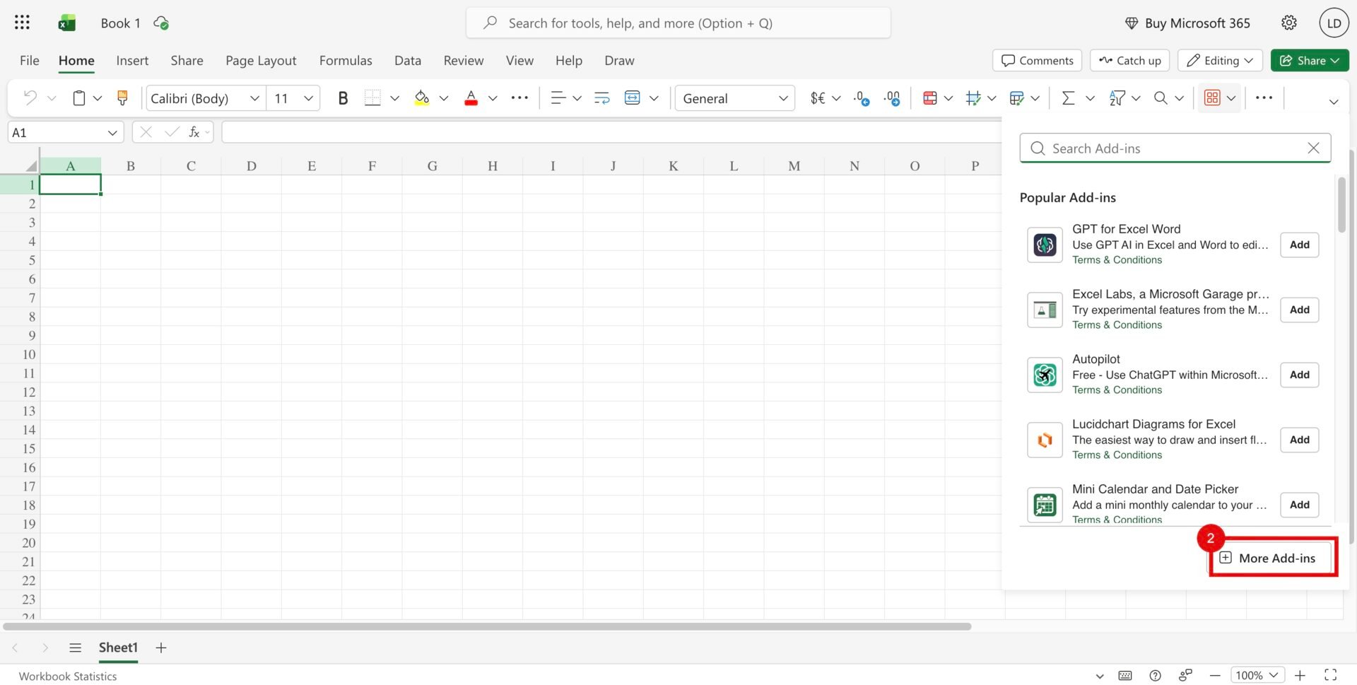 A blank Excel workbook with the Add-ins panel open and a red callout around More Add-ins