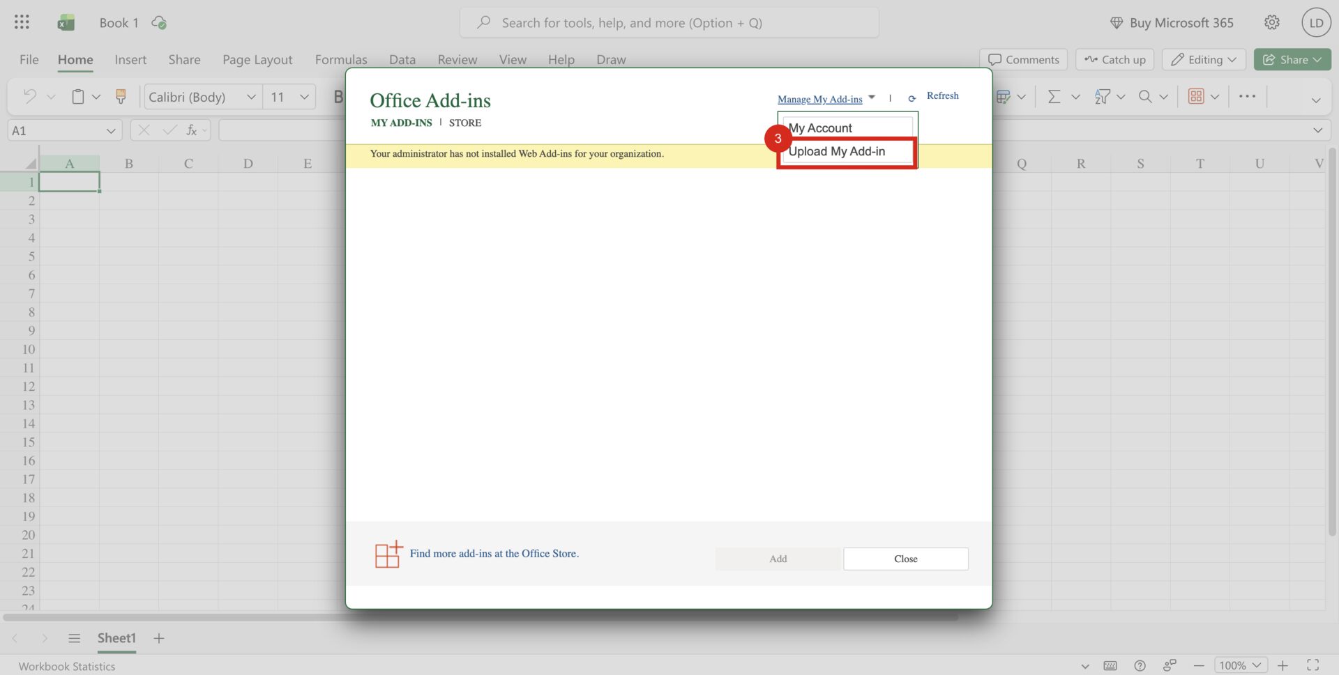 The Office Add-ins dialog over a blank workbook with a red callout around Upload My Add-in