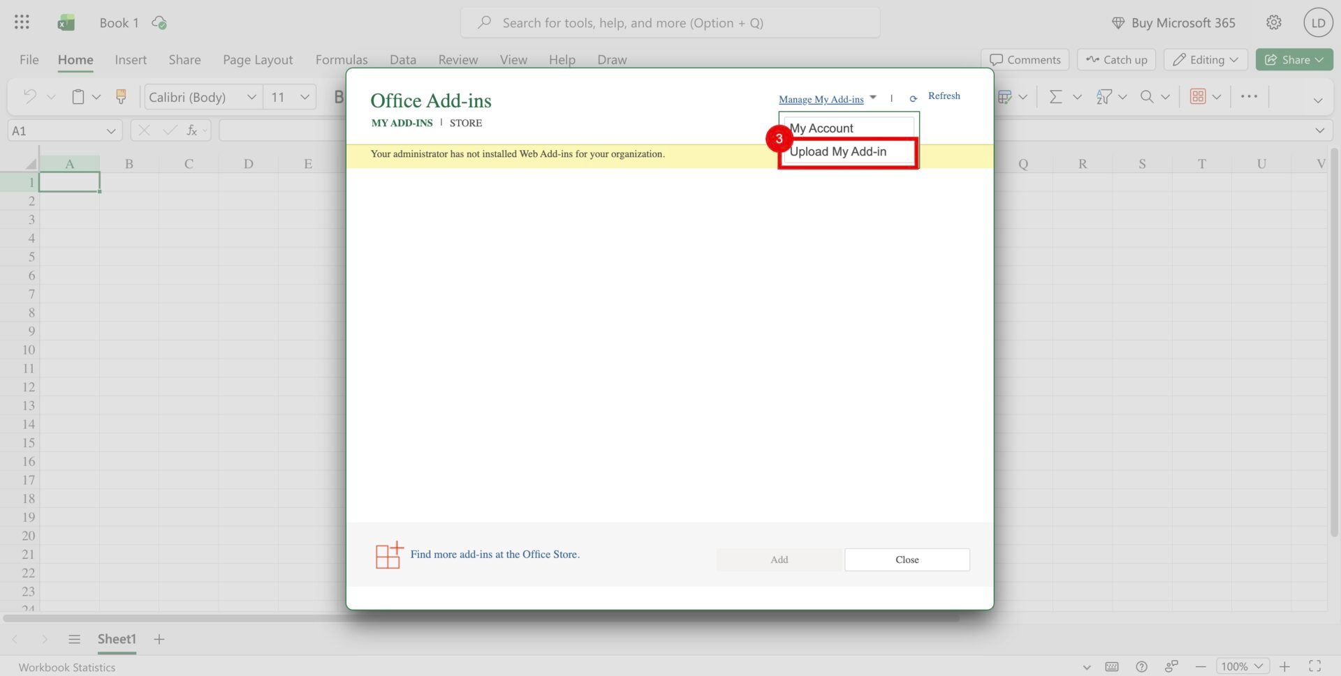 The Office Add-ins dialog over a blank workbook with a red callout around Upload My Add-in