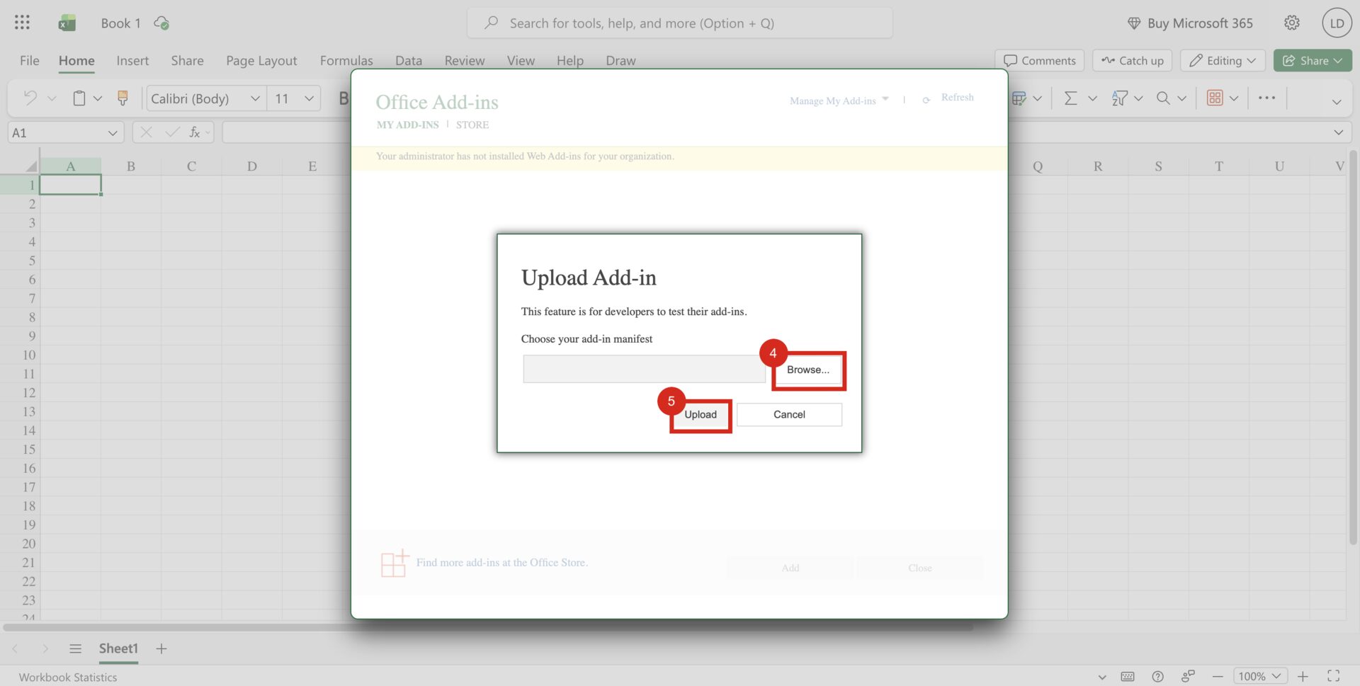 The Upload Add-in dialog over a blank workbook with red callouts around the Browse and Upload buttons