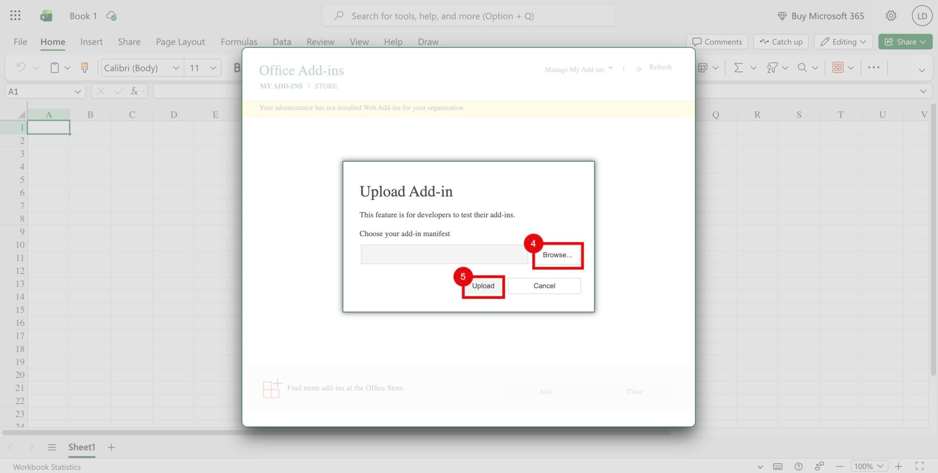 The Upload Add-in dialog over a blank workbook with red callouts around the Browse and Upload buttons