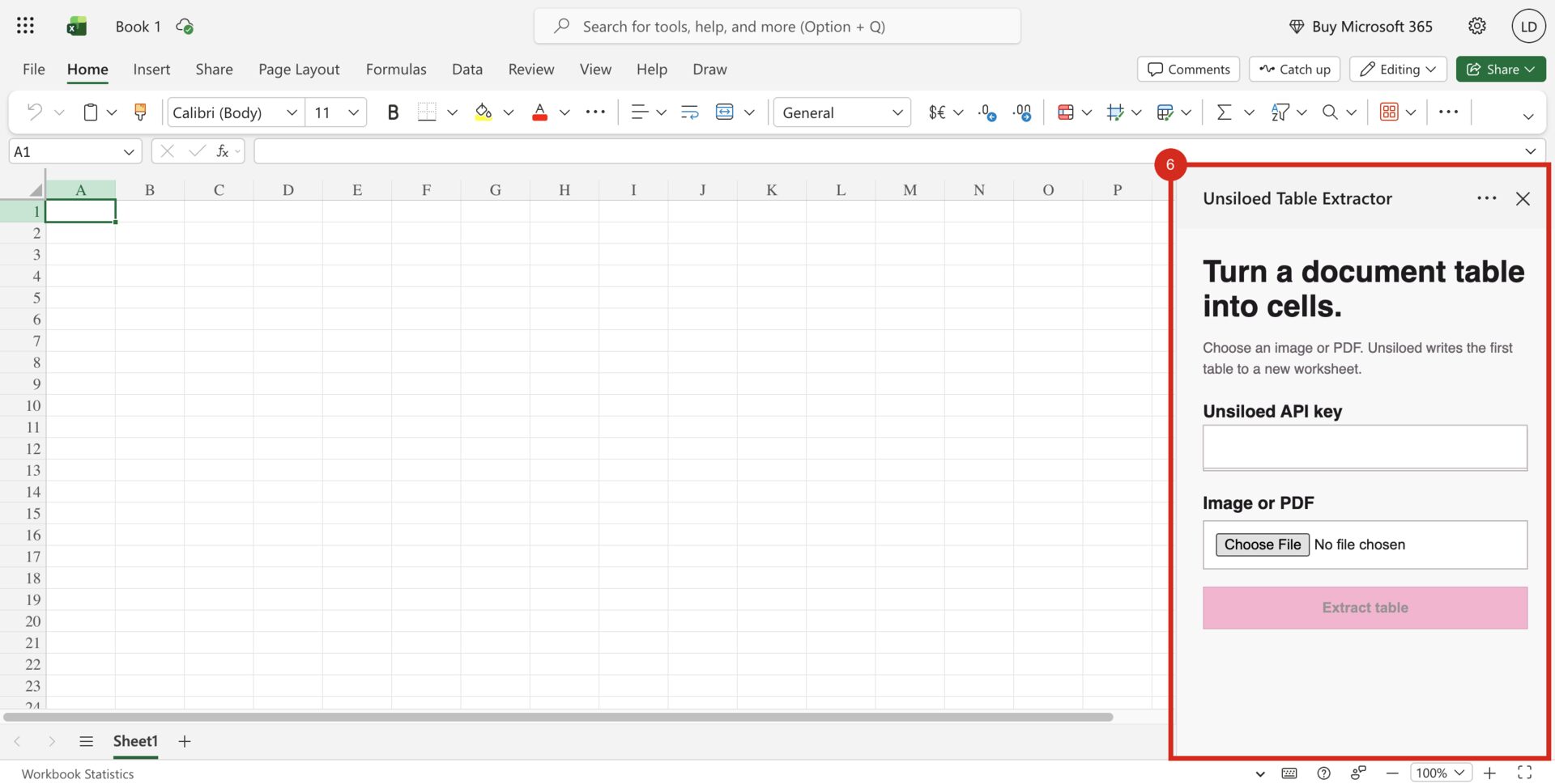 A blank Excel workbook with a red callout surrounding the open Unsiloed Table Extractor task pane
