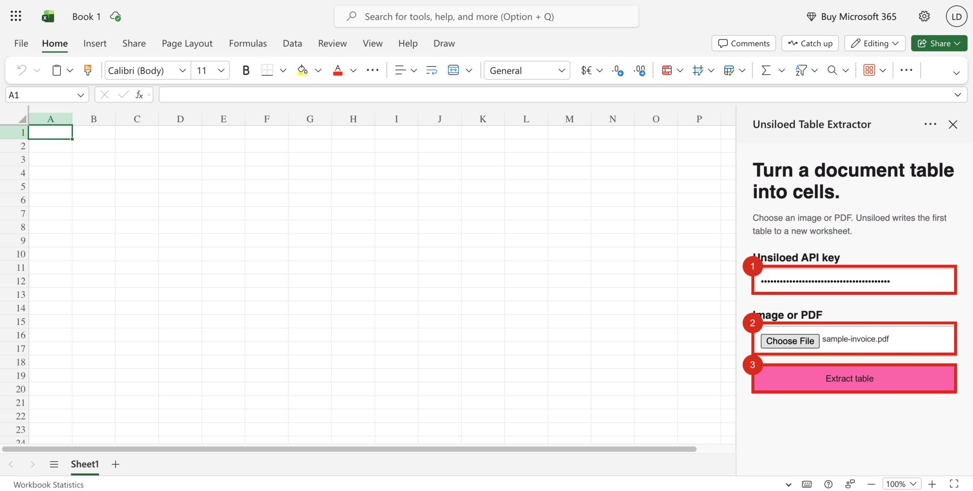 The Unsiloed task pane with the sample invoice selected and red callouts around the API key field, file chooser, and Extract table button