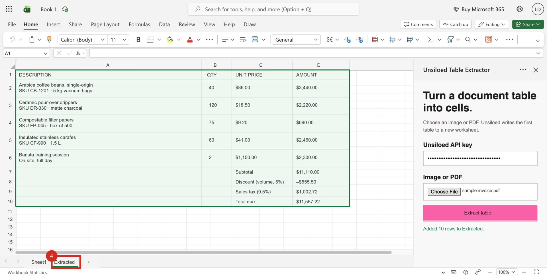 Excel showing the extracted invoice line-item table with a red callout around the new Extracted worksheet tab