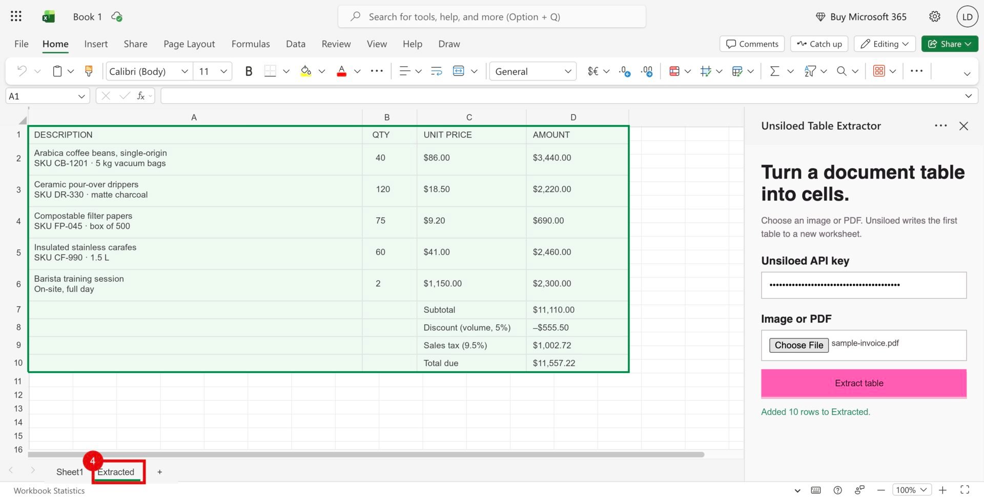 Excel showing the extracted invoice line-item table with a red callout around the new Extracted worksheet tab