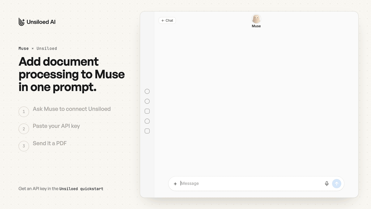 Animation of Muse connecting Unsiloed from one prompt, storing the API key, and parsing a PDF into Markdown