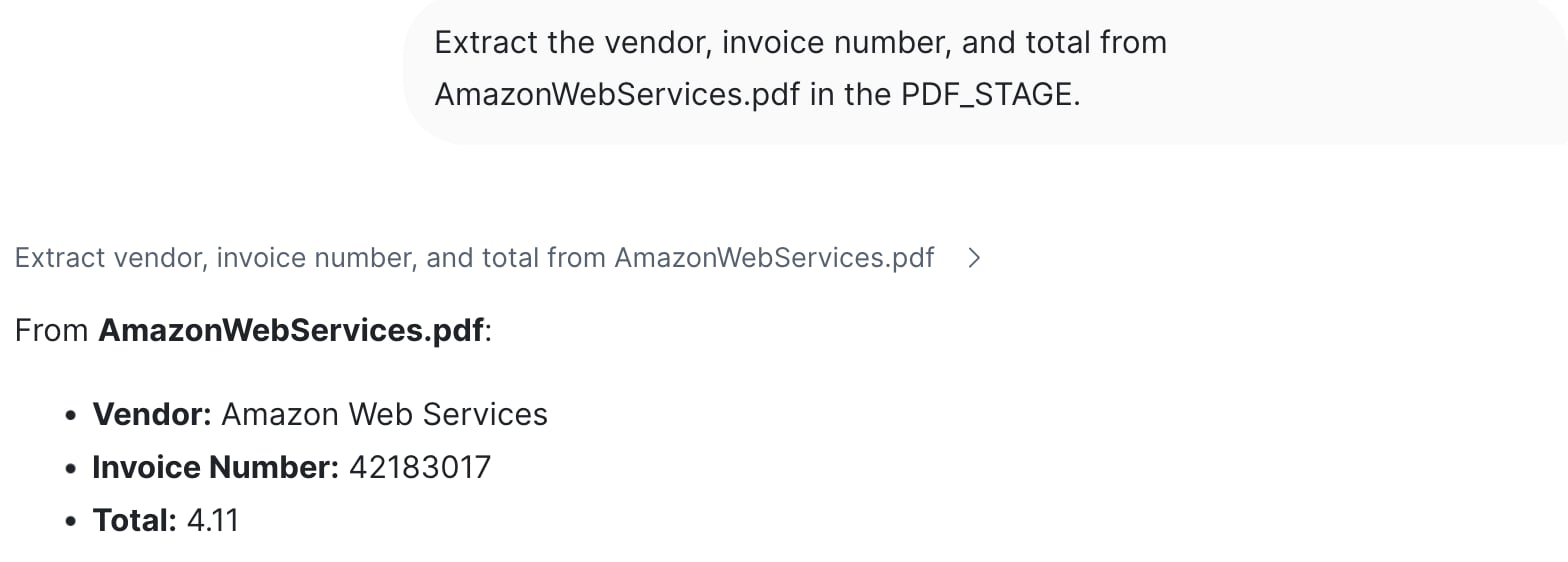Snowflake CoWork chat: the agent extracts the vendor Amazon Web Services, invoice number 42183017, and 4.11 total from AmazonWebServices.pdf in the PDF_STAGE