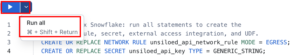 A SQL worksheet with the Run dropdown open and Run All highlighted