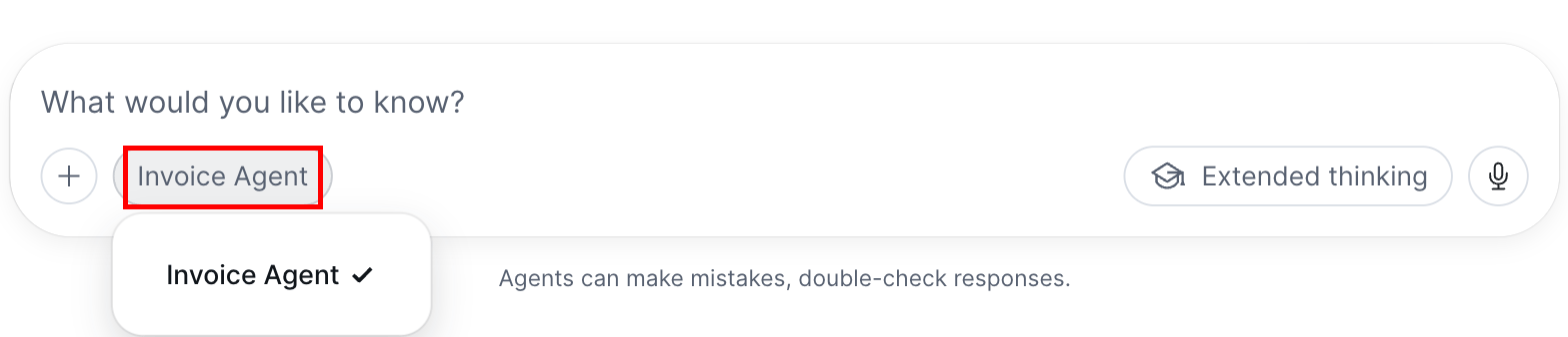 The Snowflake CoWork message box with the agent selector open and the invoice agent chosen