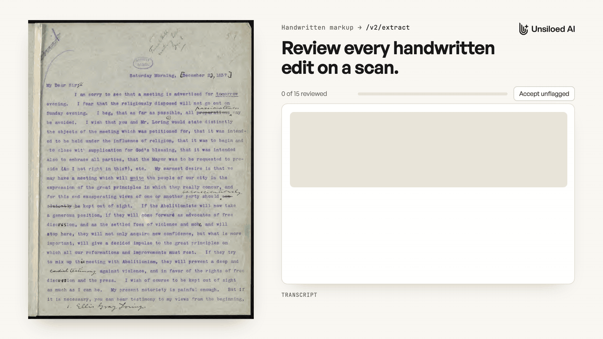 Animation of a review: boxes appear over the handwritten changes on the scan, the unflagged changes are accepted in one step, and the reviewer checks three flagged changes against close-ups, picking the right read where the two disagree