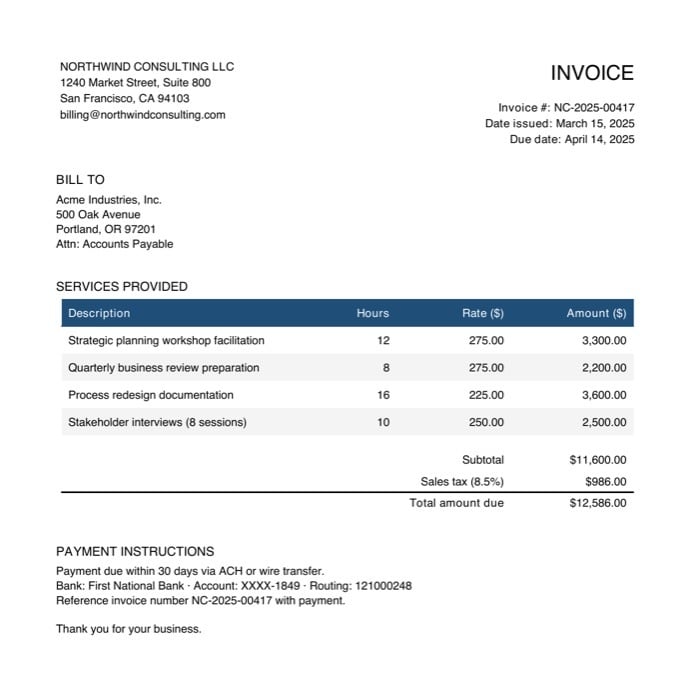 A sample invoice from Northwind Consulting LLC, with header, billing block, services table, and totals