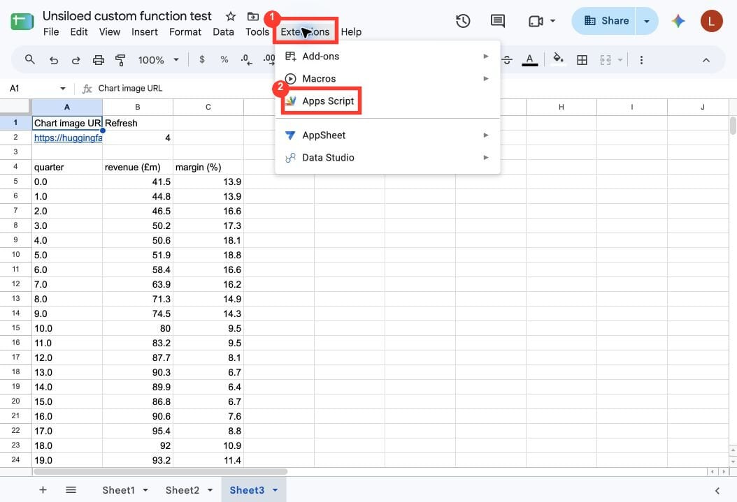 The Google Sheets Extensions menu marked 1 and Apps Script command marked 2 with red callouts