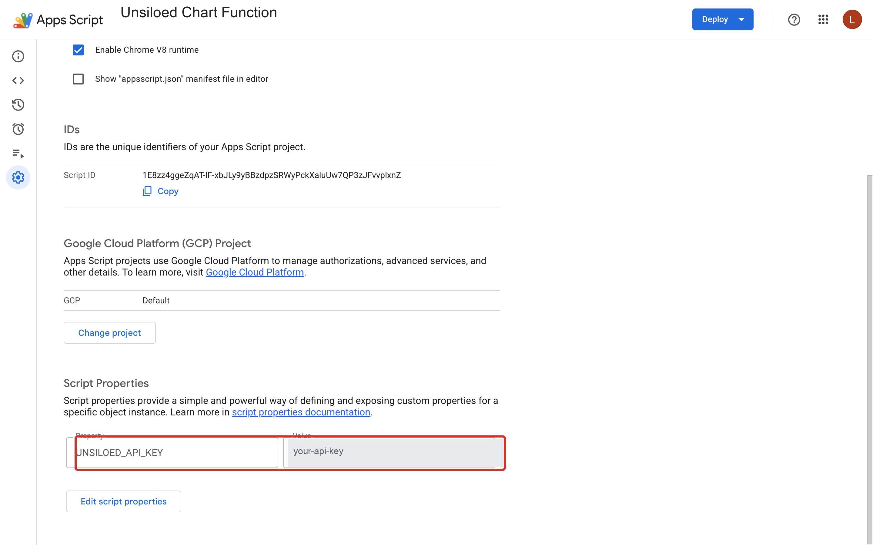 The Apps Script project settings page with the UNSILOED_API_KEY property name and placeholder value outlined in red
