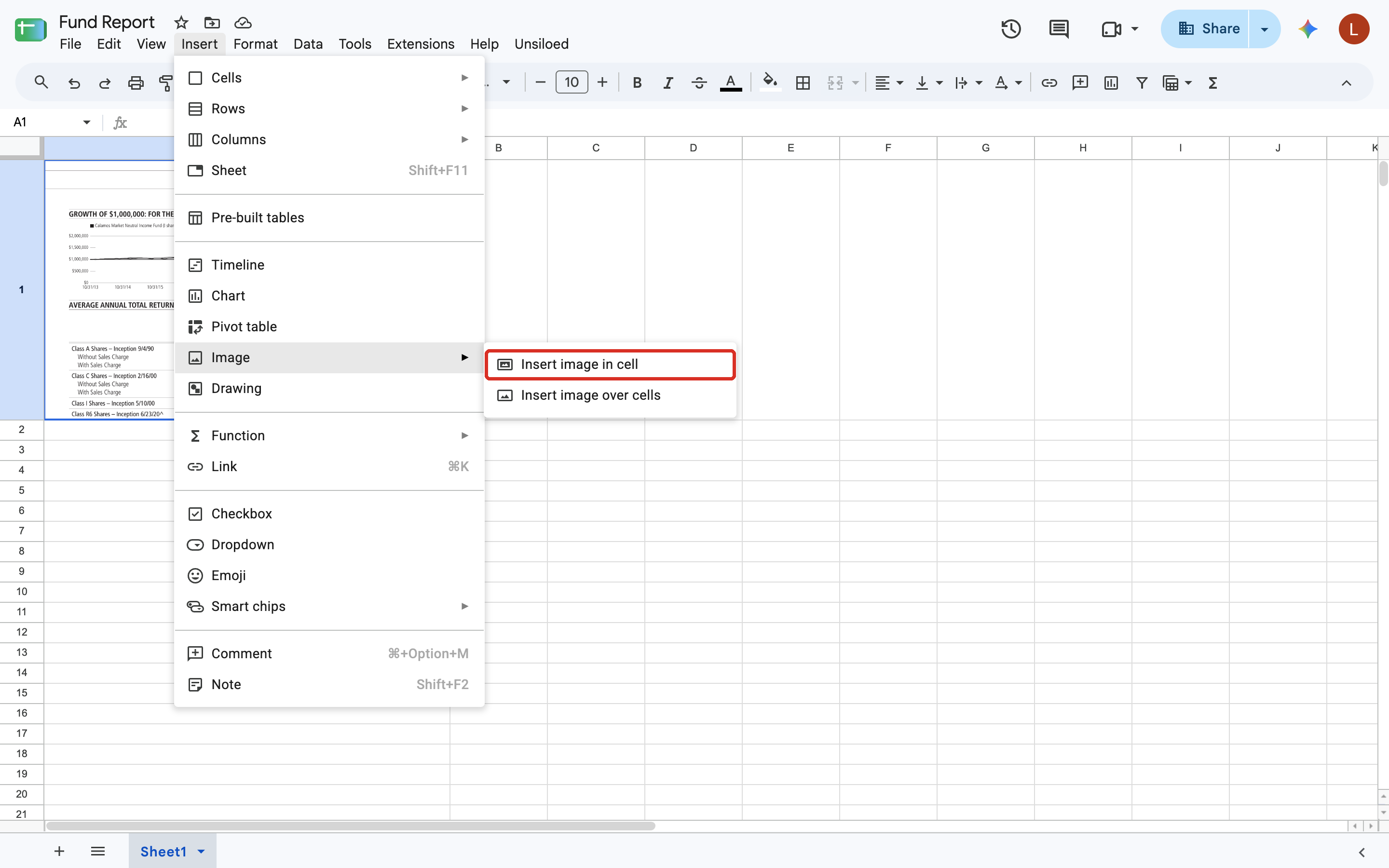 The Google Sheets Insert menu with the Image submenu open and the Insert image in cell option highlighted, above the Insert image over cells option