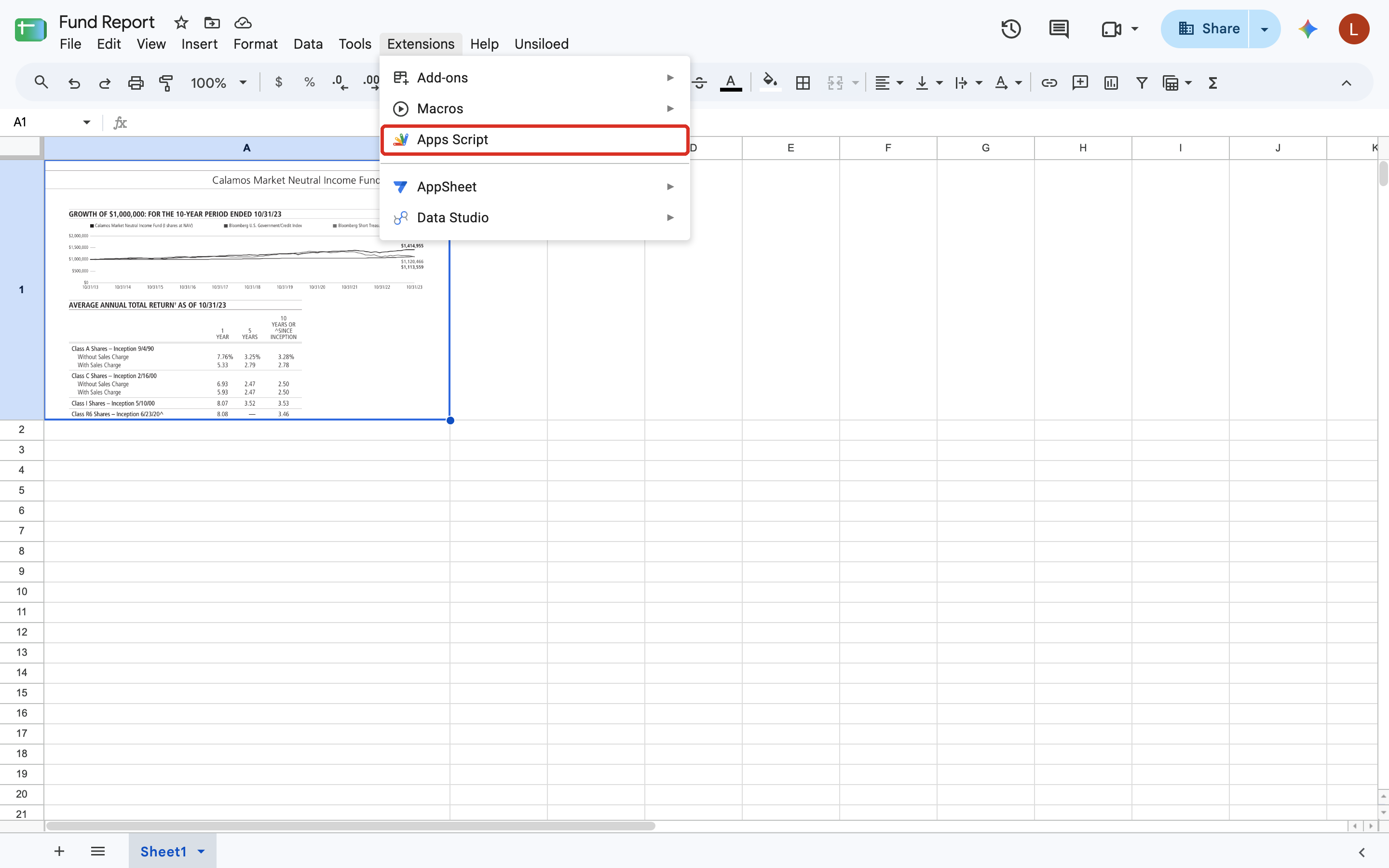 The Google Sheets Extensions menu with the Apps Script item highlighted