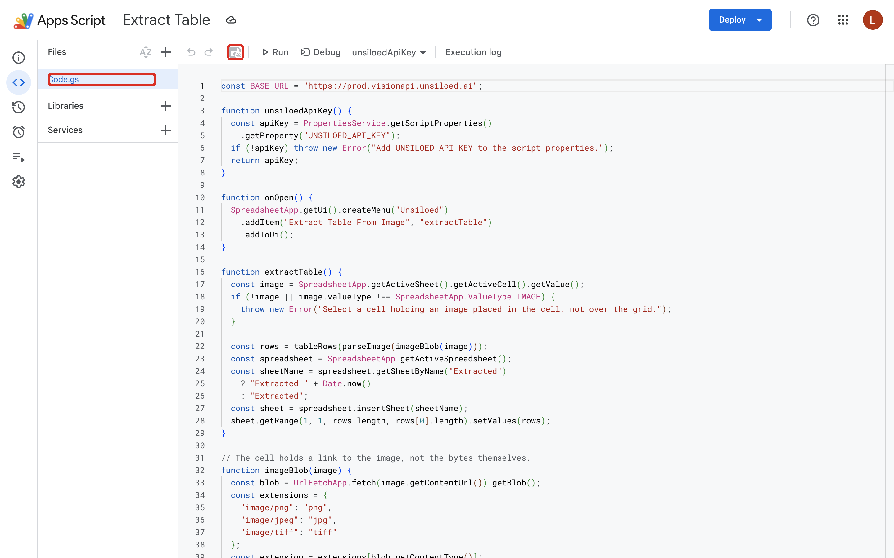 The Apps Script editor showing Code.gs highlighted in the file list and the save icon highlighted in the toolbar