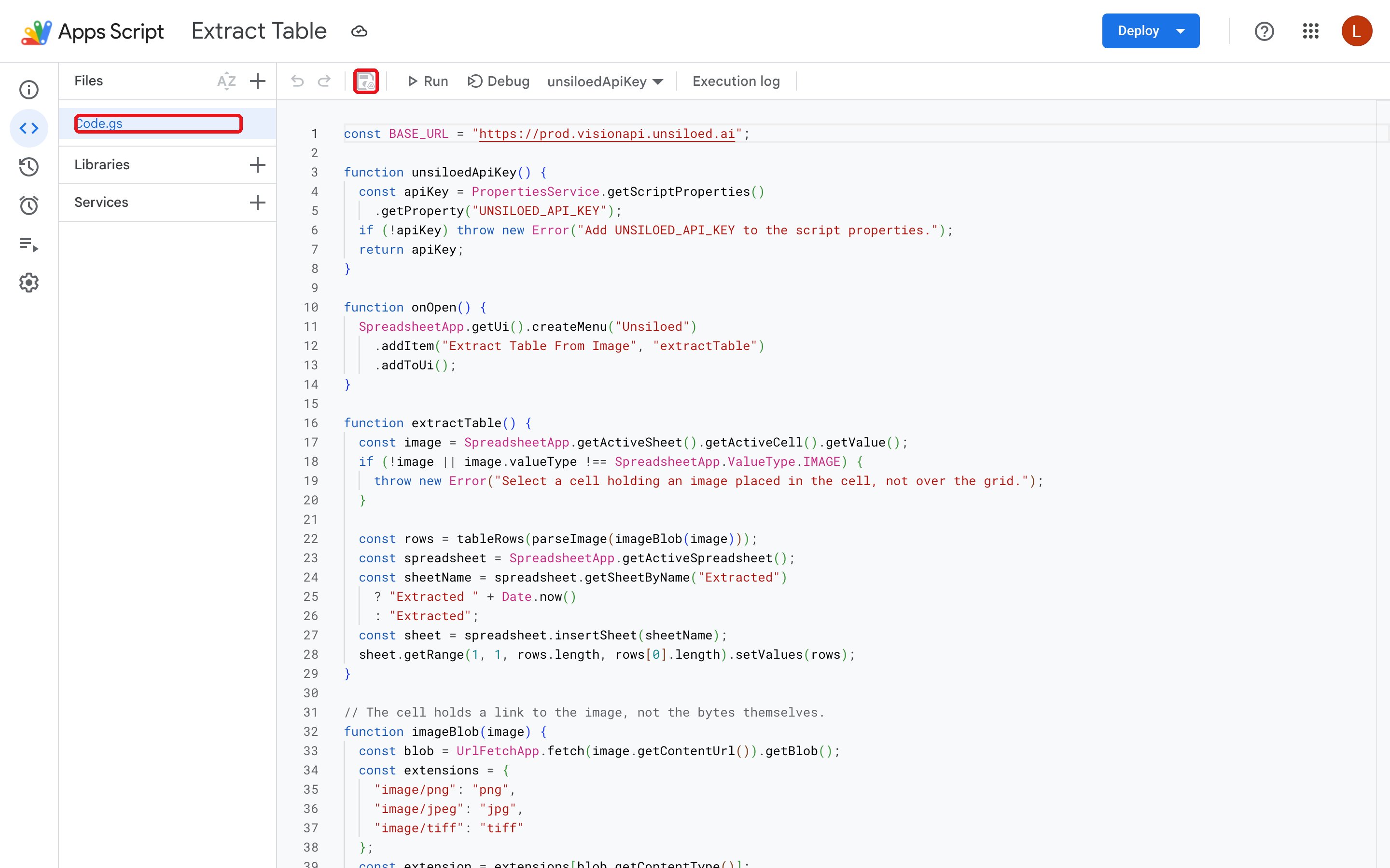 The Apps Script editor showing Code.gs highlighted in the file list and the save icon highlighted in the toolbar